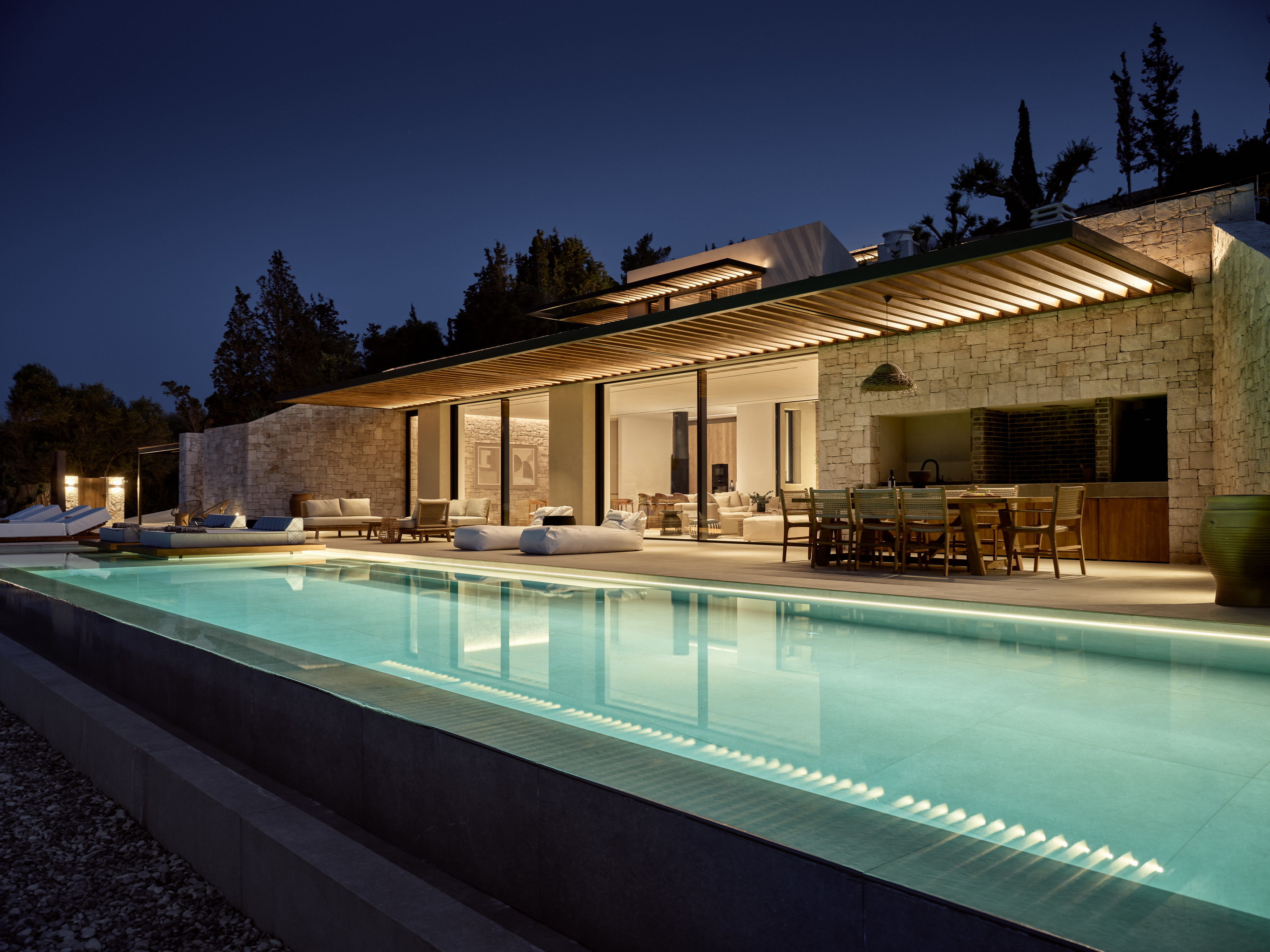 An overview of the villa outdoor settings, on the lower level lay the pool & living room